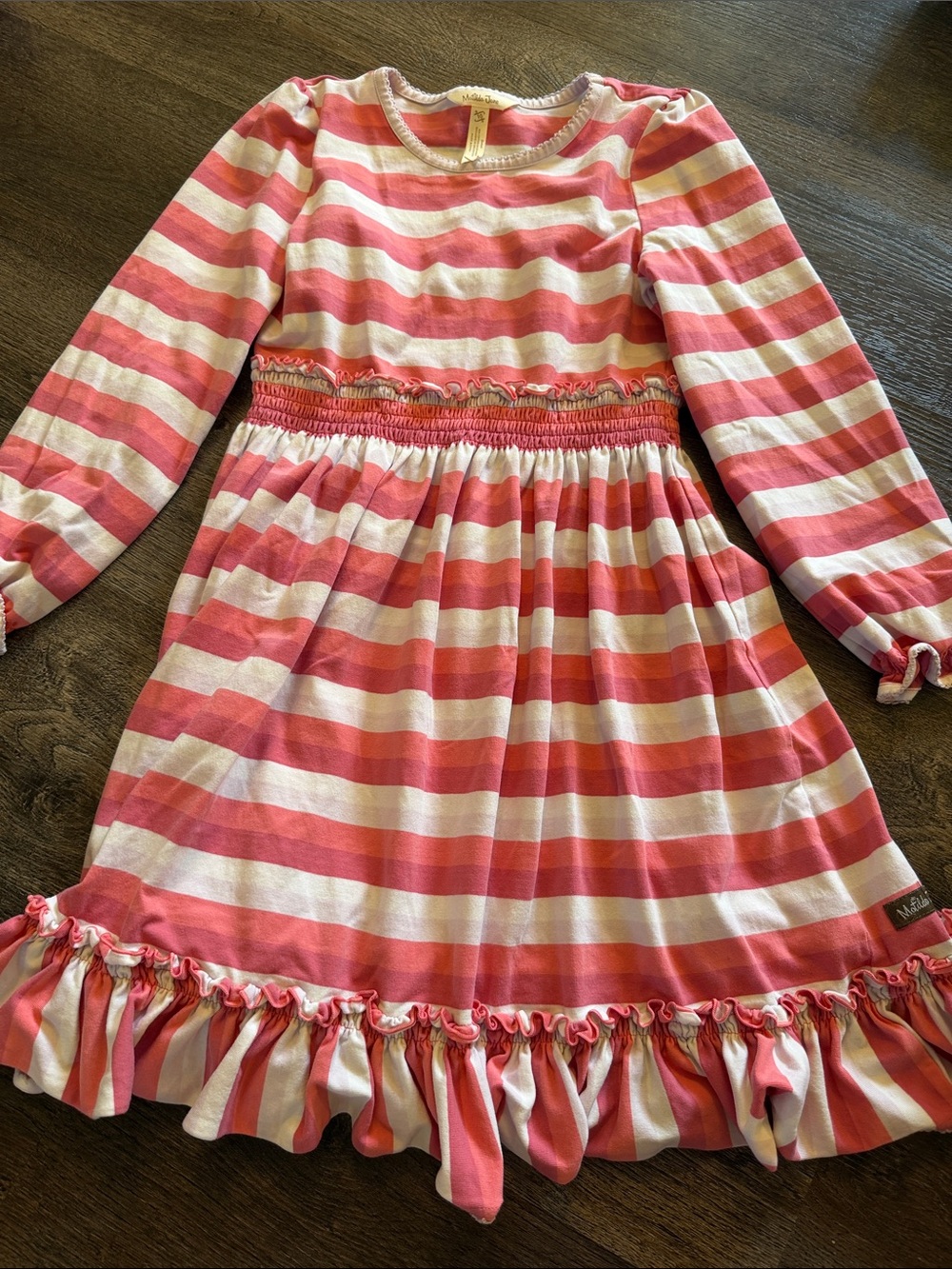 Matilda Jane Girls Sz 10 Long Sleeve Pink Striped Dress RUffle Hem Gumdrop Pink